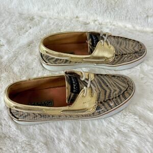 Sperry Topsider Boat Deck Shoes Gold Glitter Tiger Print Women's Size 7.5 M